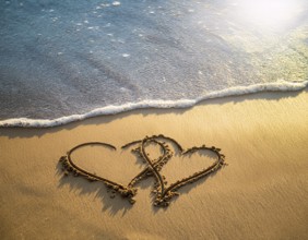 Warm tropical beach with two hearts drawn on the sand, blue waters, and clear skies, invoking