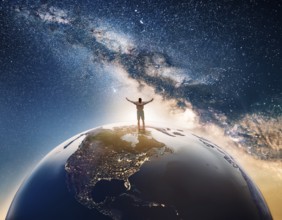 A man stands victoriously atop the Earth amidst a surreal cloudscape, symbolizing triumph over