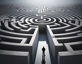 A lone individual stands at the edge of a large circular maze, contemplating choices and challenges