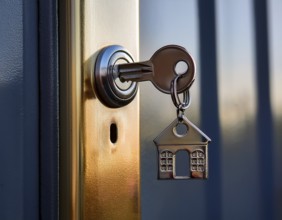 A key with a house-shaped keychain inserted into a keyhole, symbolizing home security and property
