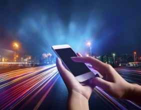Hand holding a smartphone with a blank screen above a motion-blurred, colorful light background, AI