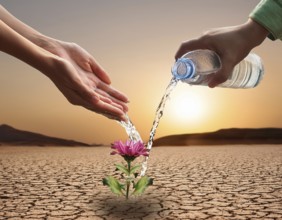 Symbolizing hope and resilience, a flower thrives in a dry desert landscape, nourished by water
