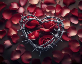 A symbolic depiction of a red heart entwined in barbed wire, embodying themes of emotional conflict