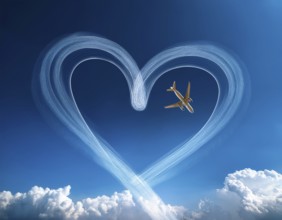 An airplane creates heart-shaped contrails in a vivid blue sky above fluffy white clouds,