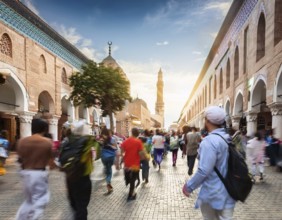 Travelers walk through an scanic architecture and culture of Muslim country, AI generated