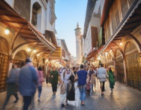 Travelers walk through an scanic architecture and culture of Muslim country, AI generated