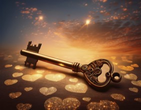 Elegant heart-shaped locket and intricate key on textured surface, surrounded by glowing hearts. An