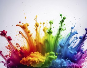 A vivid and dynamic display of multicolored paint splashing in motion against a pristine white