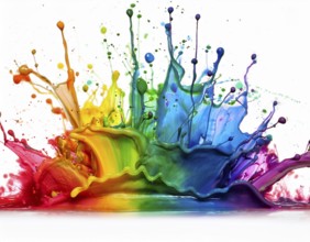 A vivid and dynamic display of multicolored paint splashing in motion against a pristine white