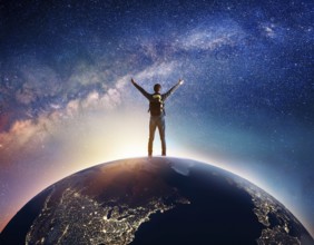 A man stands victoriously atop the Earth amidst a surreal cloudscape, symbolizing triumph over