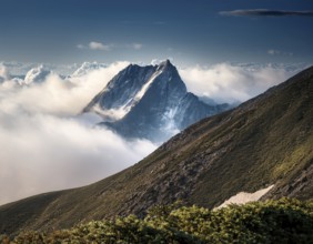 A stunning view of a snowy mountain peak rising above the clouds, with a blue sky background.