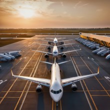 Photograph of airplanes parked at a terminal during sunset, showcasing airport workings under