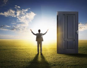 Man walking to new better world of hope and bright future, AI generated
