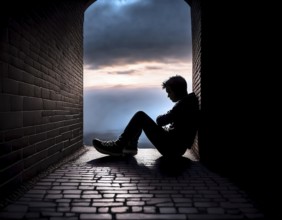 Silhouette of a person sitting alone within a brick archway, observing a peaceful and scenic cloudy