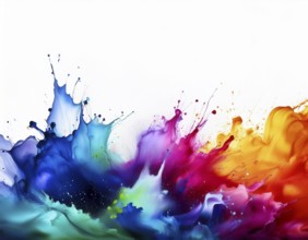 A vivid and dynamic display of multicolored paint splashing in motion against a pristine white