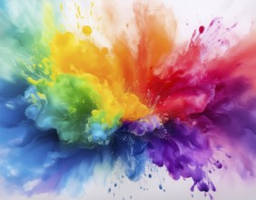 Colorful abstract art depicting a vibrant explosion of rainbow hues on a white background, evoking
