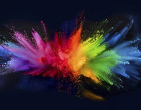 Colorful abstract art depicting a vibrant explosion of rainbow hues on a dark background, evoking