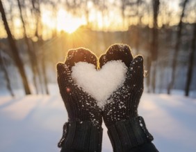 Serene winter scene showcasing hands in gloves holding a snow heart symbolizing love and warmth, AI