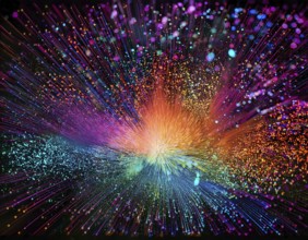 Vibrant and energetic multicolored powder explosion captured against a dark background. Evoking