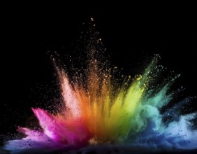 Vibrant and energetic multicolored powder explosion captured against a dark background. Evoking