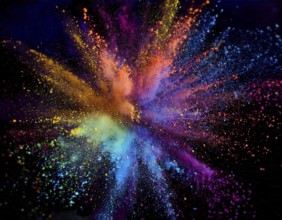 Vibrant and energetic multicolored powder explosion captured against a dark background. Evoking