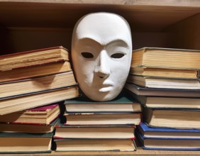 An artistic arrangement featuring a white theatrical mask placed amid various open old books,