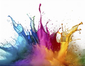 A vivid and dynamic display of multicolored paint splashing in motion against a pristine white