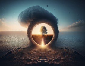 Glowing door is a portal to another world. Mysterious door with glowing light, AI generated