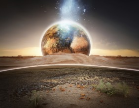 A surreal image of man walking on a boardwalk toward a large depiction of Earth surrounded by
