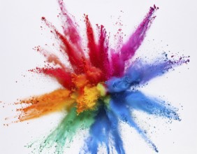 A colorful explosion powder on white background.. Multicolored powder explosion, AI generated