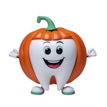 A cartoon tooth character dressed as a pumpkin with a friendly smile and open arms. AI generated