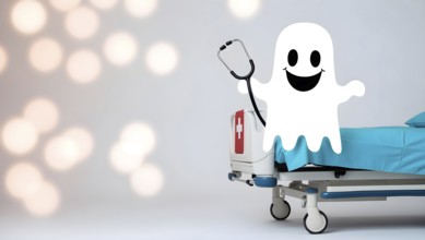 Playful ghost cartoon with a stethoscope sits on a hospital bed with blue sheets. AI generated
