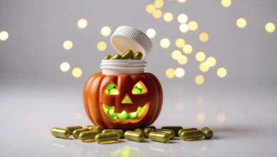 A jack o lantern shaped bottle glows softly, revealing green phyto vitamin pills inside. The warm