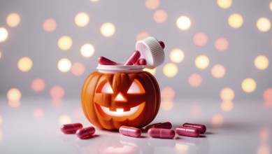 A jack o lantern shaped bottle sits on a smooth surface, overflowing with pink pills. Soft, warm