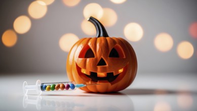 A carved jack o lantern displays a spooky grin, with a syringe filled with colorful candies resting