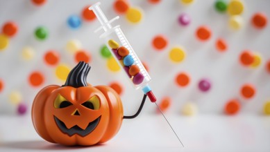 A jack o lantern with a mischievous grin is holding a syringe filled with vibrant candy pills. The