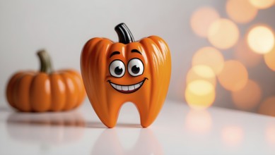 A smiling cartoon tooth with pumpkin features against a blurry light background, evoking a festive