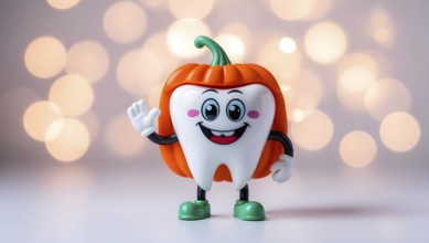 A white cartoon tooth character with a smiley face, arms, and legs, dressed as an orange pumpkin,