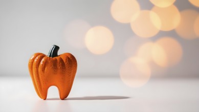 This festive piece features an orange pumpkin-shaped tooth set against a neutral background,