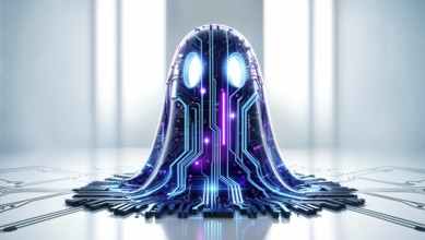 A futuristic ghost with a glowing circuit pattern on a circuit board in a white room. AI generated
