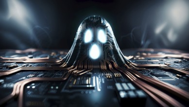 A blue-glowing circuit ghost with bright eyes on a computer hardware against a dark background. AI