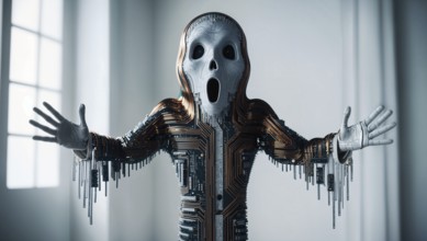 Humanoid ghost with a circuit design and outstretched arms in a light setting. AI generated