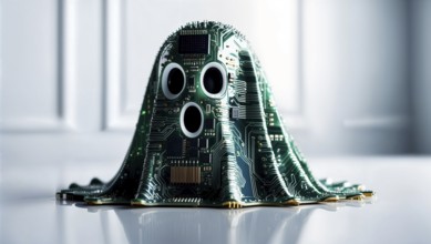 A circuit-patterned ghost with large eyes on a bright white background. AI generated