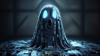 A glowing blue ghost with a circuit-like appearance on a hardware circuit board against dark