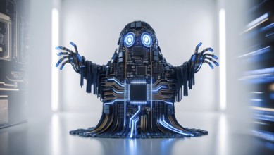 A cyber ghost made of circuit board materials stands in a modern server room. Its glowing blue