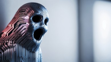 A cyber ghost man, ghostly figure with hollow eyes and mouth, made of circuit patterns stands