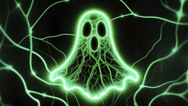 A glowing neon green ghost surrounded by connecting wires against a dark background, creating an