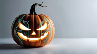 A futuristic Jack-o'-lantern with circuit patterns emitting a glowing digital aura on a sleek