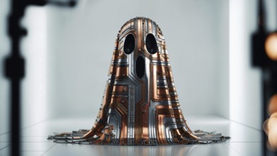 A circuitry ghost with metallic copper circuits standing on a reflective surface. AI generated