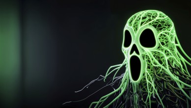 Ghost figure made of black and neon green wires against dark background with space for text. AI